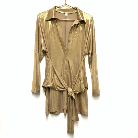 Norma Kamali TY Tie Front NK Shirt Mini Dress Size Small Gold Metallic NWOT $185 - Picture 4 of 14